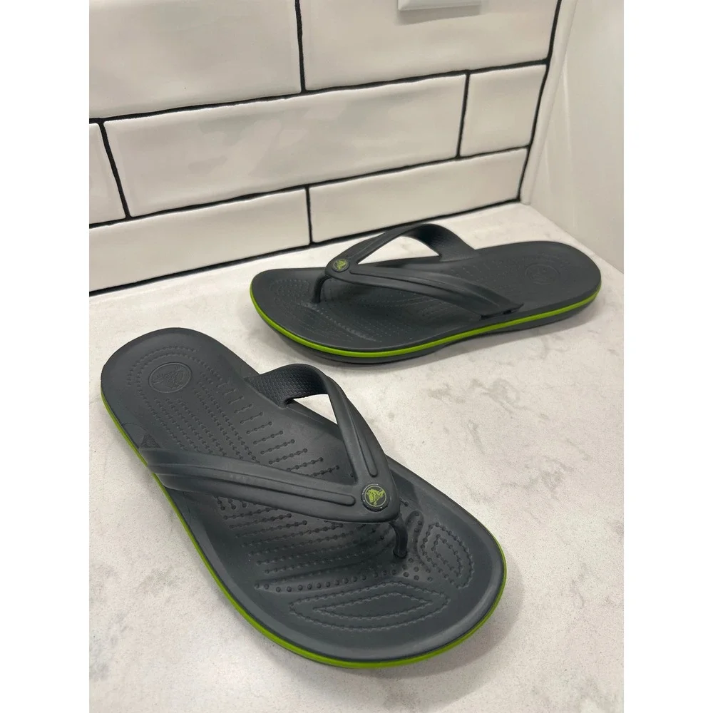 Crocs Crocband Flip Flops Charcoal Grey Lime Green Mens 8 Womens 10 Sandals NEW!